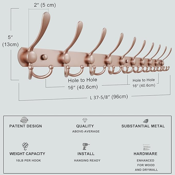 Dseap Coat Rack Wall Mount - 38??Long 10-Tri-Hooks Heavy Duty Coat Hanger Rail Wall Hooks for Hanging Coats Hats Clothing Clothes Purse Mudroom Entryway, Rose Gold