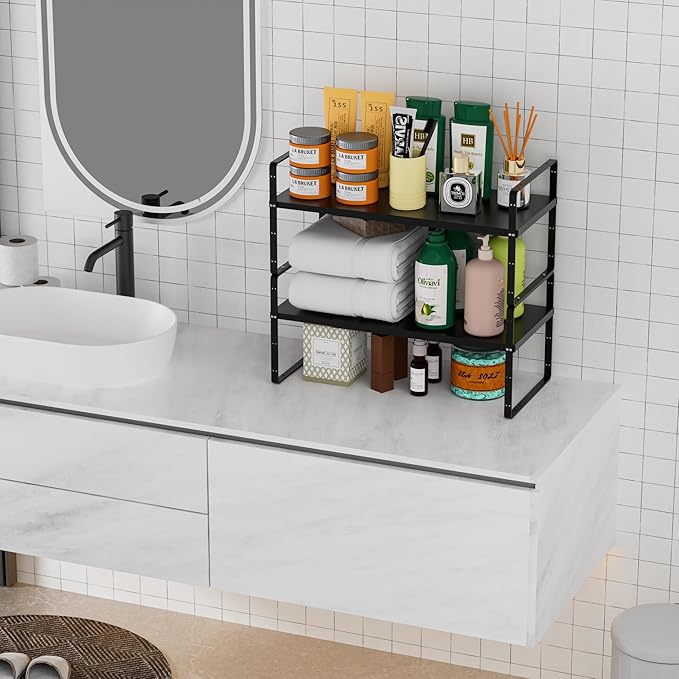 Cabinet Organizer Shelves,Expandable Spice Racks in Cabinet,Countertop Cupboard Pantry Shelves,Adjustable Storage Racks for Kitchen Bathroom Under Sink,2 Packs,8.07" D,Black