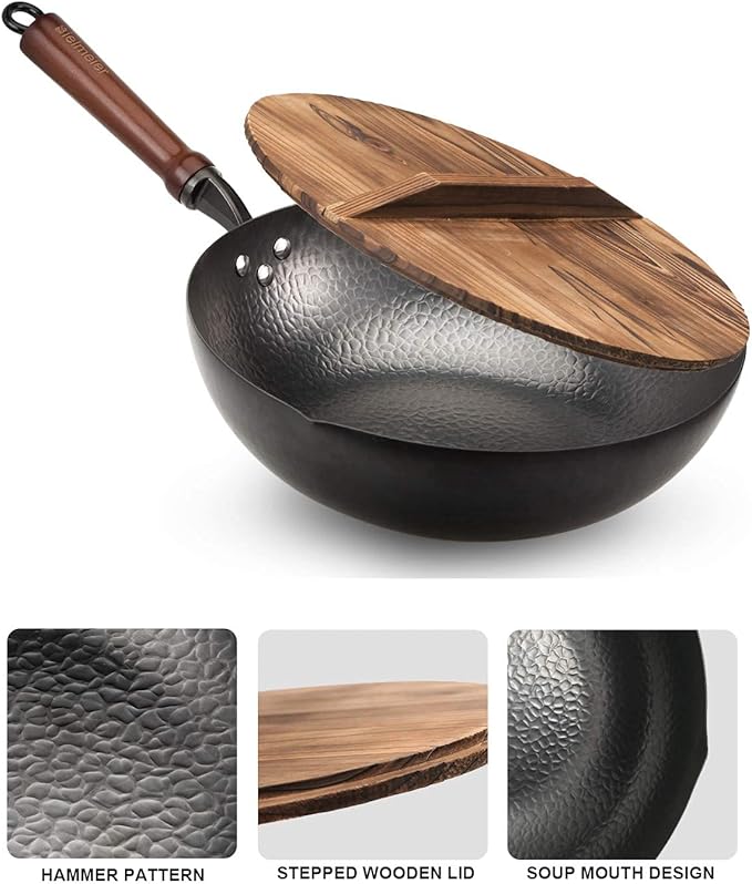 BIELMEIER Wok Pan 12.5", Stir Fry Pan with Lid, Gloves & Cookware Accessories, Carbon Steel, Suitable for All Stoves (Flat Bottom)