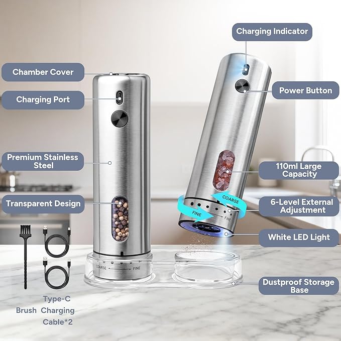 Electric Salt and Pepper Grinder Set, Rechargeable Automatic Salt and Pepper Shakers Mills, 110ml Large Capacity, Stainless Steel, Adjustable Coarseness, LED Light & Base, Ideal for Kitchen & Gifts