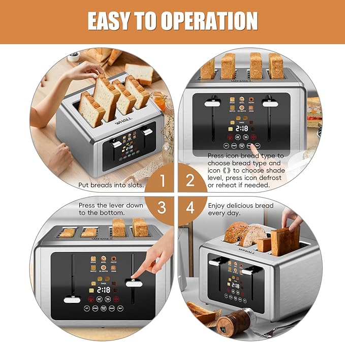 WHALL Touch Screen Toaster 4 Slice, Smart Digital Toaster with 1.5" Wide Slots, 6 Shade Settings & 6 Bread Types, Memory Function, Countdown Timer, Brushed Stainless,Ideal Kitchen Gift & Essential