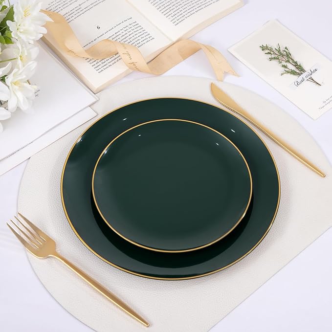 bUCLA 100PCS Green Plastic Plates - Heavy Duty Green Disposable with Gold Rim Include 50 Dinner 10 inch & 50 Dessert 7 inch Plates, Ideal for Party & Christmas