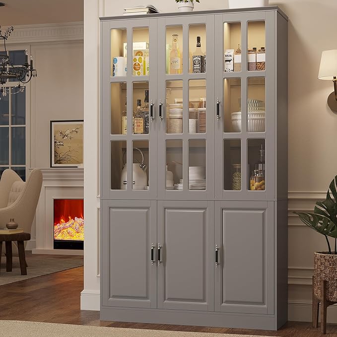 MEISSALIVVE 78.7" Tall Pantry Cabinet with LED Lights, Freestanding Kitchen Pantry with Glass Doors, Large Food Storage Cabinet, Grey (47.2" W x 15.7" D)