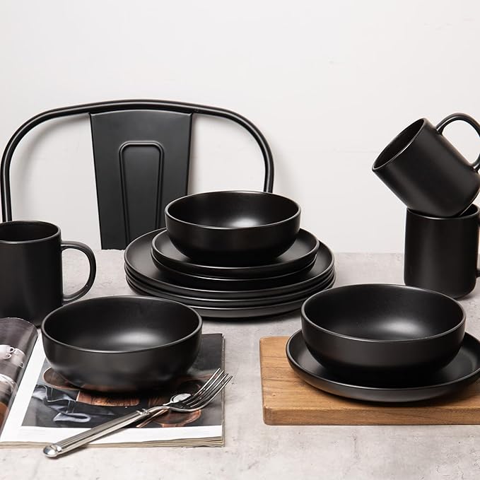 Furrnook 12-Piece Stoneware Dinnerware Set with Mugs | Microwave and Dishwasher Friendly | Stackable Matte Glaze Plates & Bowls | Service for 3 (Black for 3)