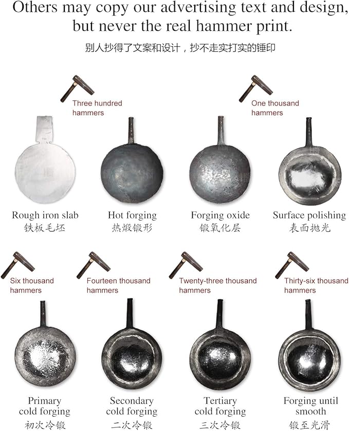 ?삡툒??ZhenSanHuan Chinese Hand Hammered Iron Woks and Stir Fry Pans, Non-stick, No Coating, Carbon Steel Pow (34CM, BlueBlack Seasoned with help handle)