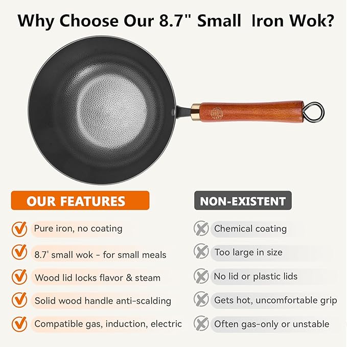 WANGYUANJI Iron Wok 8.7 Inch Deep Frying Skillet with Wooden Lid ??Versatile Flat Bottom Stir-Fry Pan, Chemical-Free & Induction Compatible, Ideal Wrought Iron Small Wok for Home, Chef & Pro Use