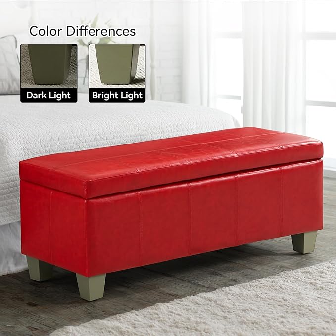WUTUTUEE 41" Faux Leather Storage Ottoman, Stitch Tufted Rectangle Upholstered End of Bed Storage Bench, Entryway Large Couch Ottoman with Wooden Legs,Red