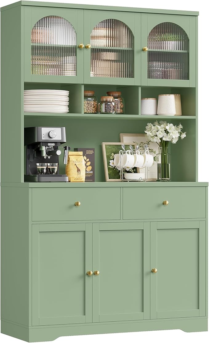 FINETONES 71" Pantry Cabinet, Tall Kitchen Pantry Storage Cabinet with Microwave Stand, Modern Kitchen Hutch Food Pantry with Open Countertop and Adjustable Shelf for Dining Room