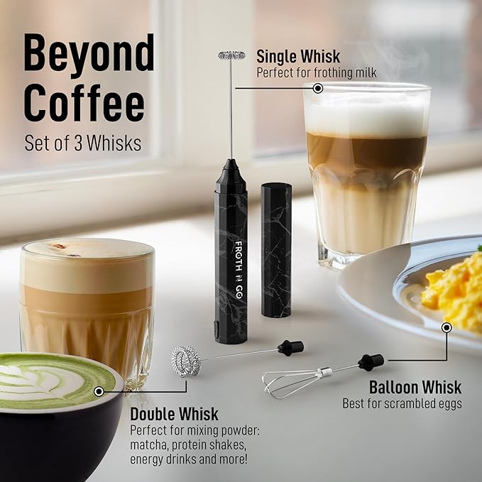 Zulay Froth N Go Milk Frother ??Rechargeable 3-in-1 Handheld Frother Wand with Travel Case & USB-C Charger ??Single, Double & Egg Whisk for Latte, Cappuccino, Matcha, Protein Shakes ??Black Marble