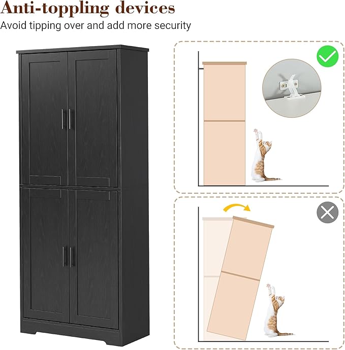 IDEALHOUSE Pantry Cabinet,70" Tall Kitchen Pantry Cabinet with 4 Doors and 3 Adjustable Shelves, Freestanding Cupboard, Modern Storage Cabinet for Bathroom, Dining Room, Living Room, Black