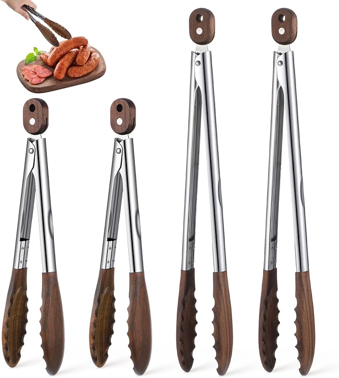 4Pcs Wooden Tongs for Cooking, Stainless Steel Salad Tong with Walnut Wood Tip, 9 Inch 12 Inch Walnut Wooden Kitchen Tongs, Anti-Slip Long Handle Wood Kitchen Utensils for Salad Tossing