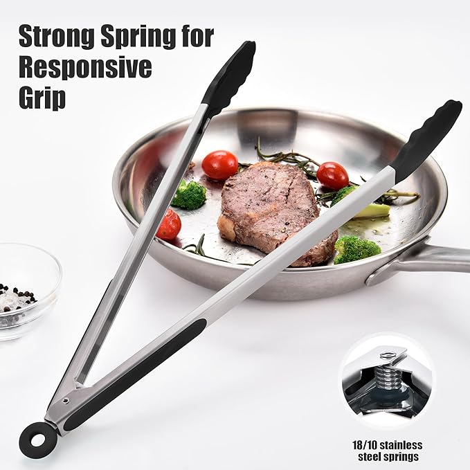 Doosu Kitchen Tongs for Cooking - 600째F Heat Resistant Food Tong with Non-Scratch Silicone Tips, Heavy Duty Stainless Steel Locking Tong for BBQ, Grilling Steak, Serving Salad, Pasta (16in, Black)