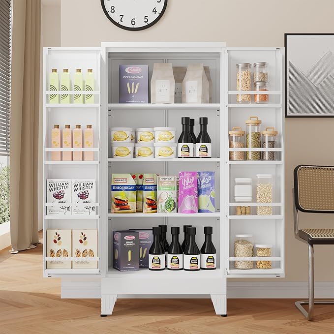 48" H Metal Kitchen Pantry Storage Cabinet, Freestanding Cupboard Storage Cabinet with Doors and Adjustable Shelves, Large Stand Up Food Cupboard for Living Room, Dinning Room, White