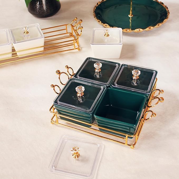 YA JU Ceramic small Snack bowl With Cover Metal Tray, 4 Removable dip bowls are used For Snack, potato chips, fruits, candies, and condiments - Perfect for birthday, parties, Holiday, gift竊똆reen