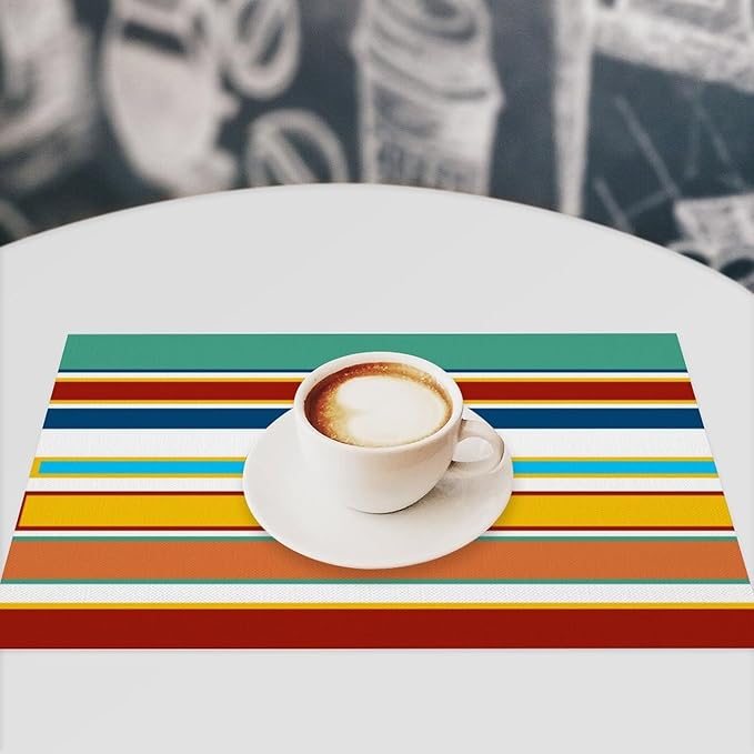 Modern Red Yellow Blue Teal Stripes Placemat, Set of 4 Heat Resistant PVC Place Mats for Kitchen Table