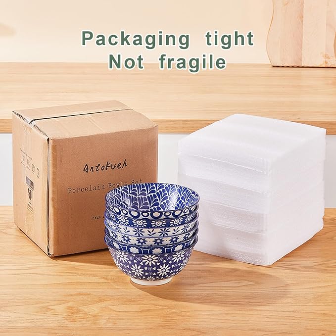 AntoKueh 6 inches Blue and White Ceramic Bowls, 23Oz Deep Cereal Porcelain Bowls set of 6, Large Soup Bowls for Salad, Fruit, Vintage