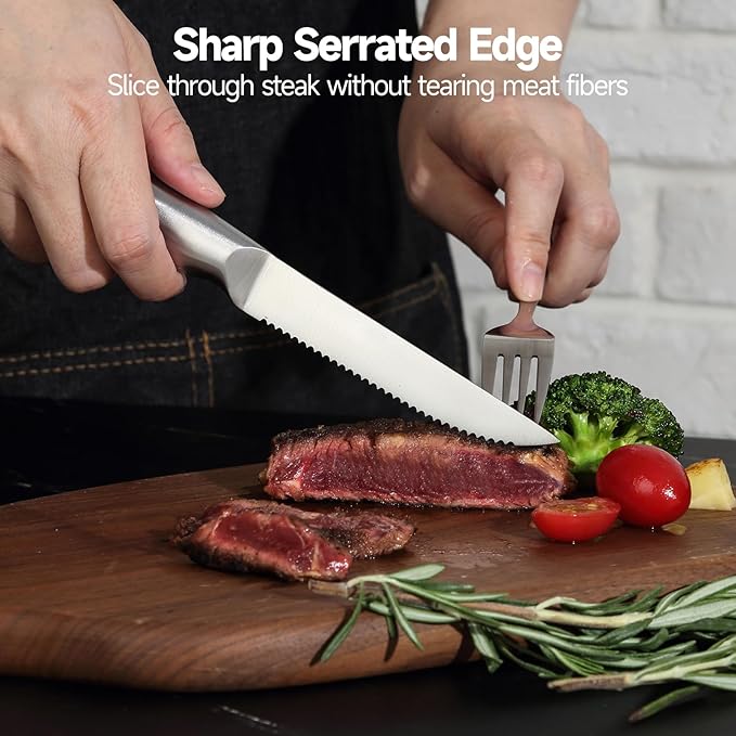 Steak Knives, Steak Knife Set of 8, German Stainless Steel Steak Knife Serrated, Silver