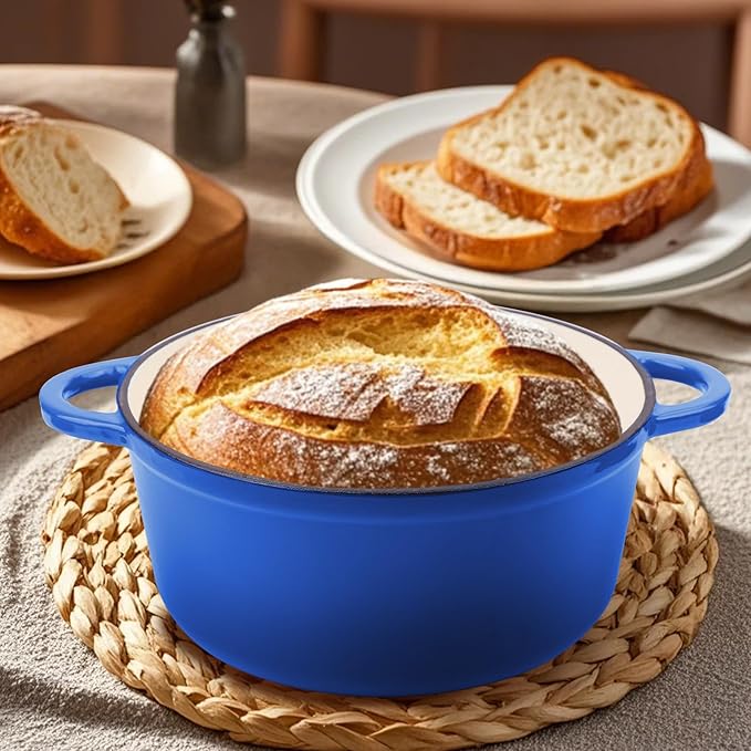 6 Quart Enameled Cast Iron Dutch Oven Pot with Lid and Silicone Accessories, Oven Safe up to 500째F or on Stovetop, Non-stick Dutch Oven for Bread Baking, Cooking, Dual Handles Cookware, Blue