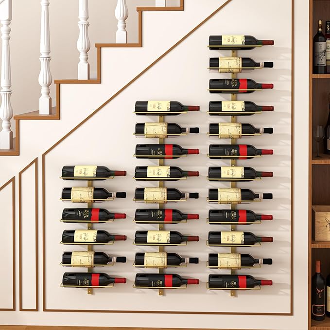 B4Life Wine Rack and Holder Wall Mounted 12 Bottles, Metal Hanging Mount Racks for Wall, Liquor, Champagne for Bottles Storage Home Bar, Cellar and Kitchen, Dining Room (Gold, 12 Bottle)