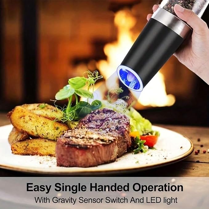 Gravity Electric Salt and Pepper Grinder Set - 2 Pack Automatic Mills with Adjustable Coarseness, LED Light, Battery Powered, One-Handed Use (Black) (Black+Black (Includes Cleaning Brush))