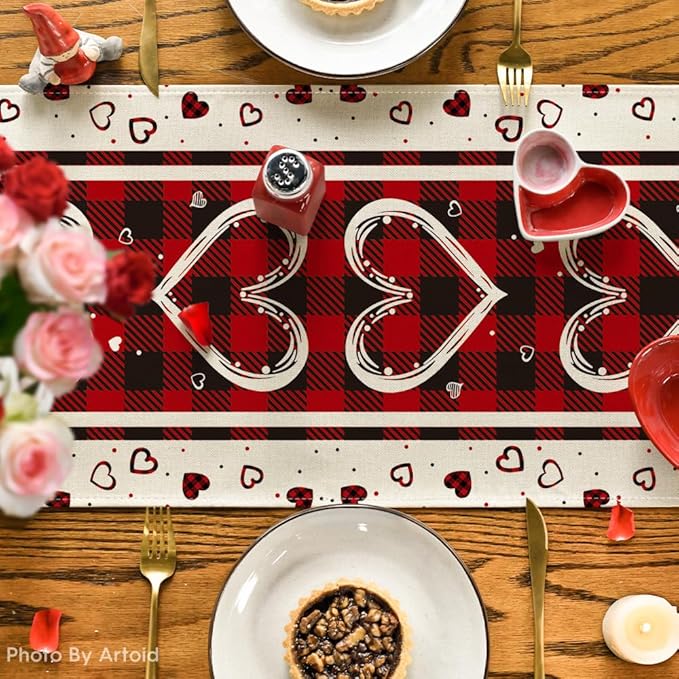 Artoid Mode Buffalo Plaid Love Hearts Valentine's Day Table Runner, Seasonal Kitchen Dining Table Decoration for Indoor Home Party 13x108 Inch