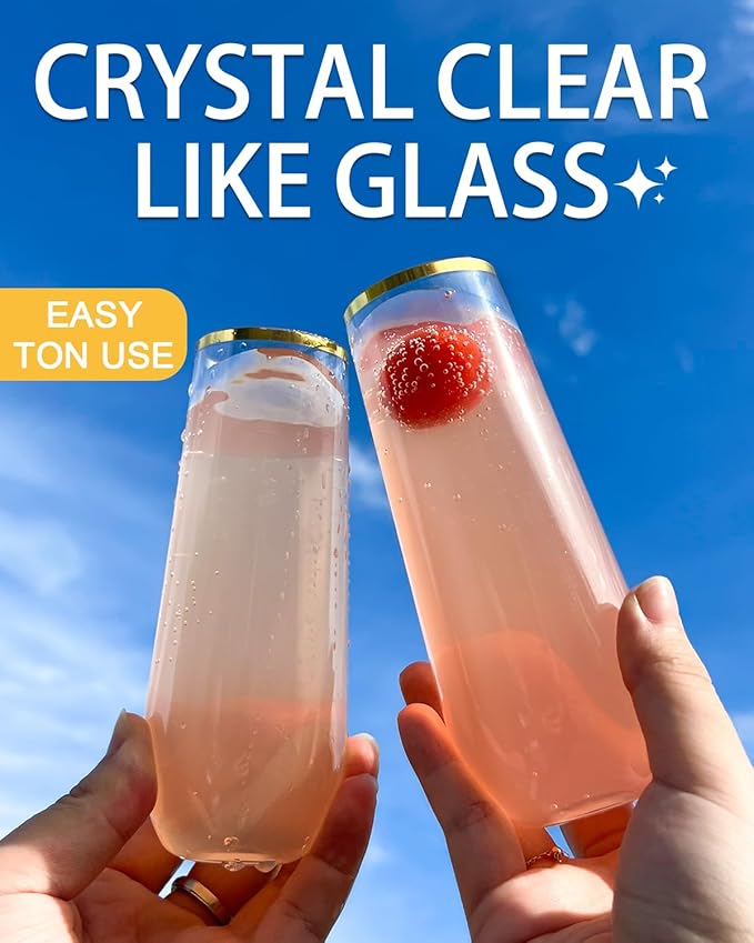 24 Pcak Champagne Flutes Plastic, 9 Oz Disposable Stemless Mimosa Gold Rim Toasting Glasses, Clear Crystal Plastic Cocktail Cups for Party Wedding Birthday