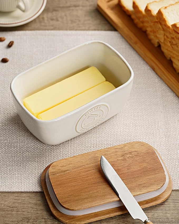 Getstar Ceramic Butter Dish with Acacia Lid for Countertop, Silicone Sealing, Farmhouse Kitchen Counter Decor, Large Butter Keeper Container (6.5?쓝4??