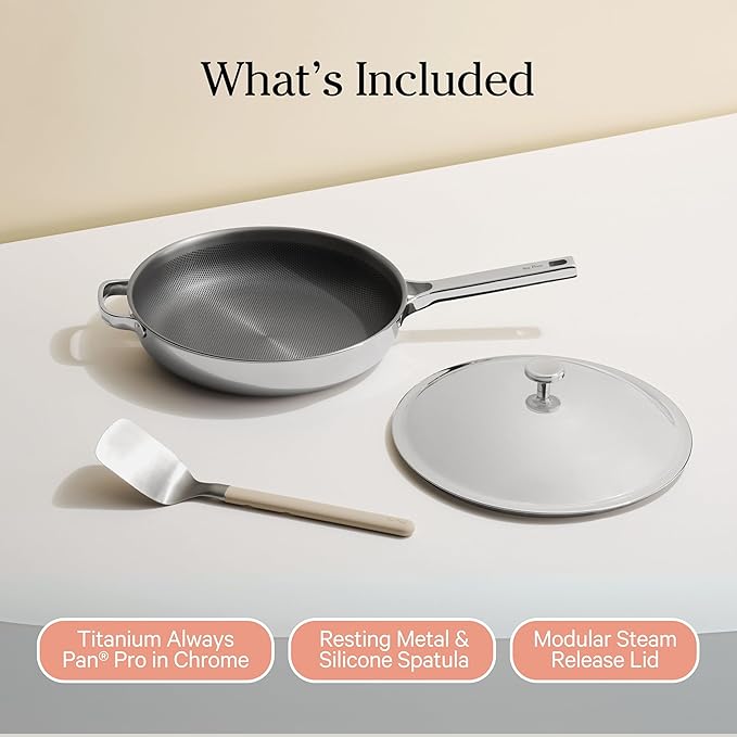 Our Place Titanium Always Pan Pro | 10.6" PFAS-Free Nonstick Frying Pan with Spatula | Chef-Grade Tri-Ply Stainless Steel & Aluminum Build | Induction & Oven-Safe up to 1000째F | Chrome