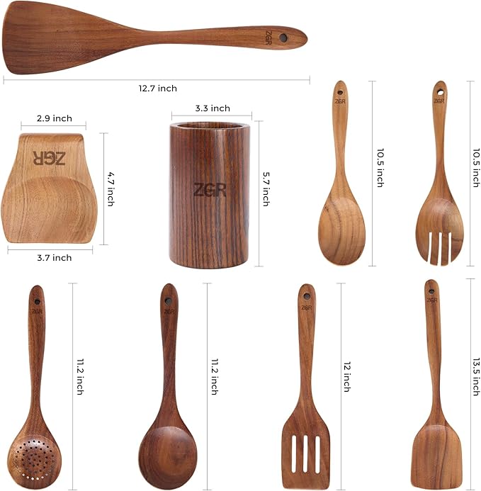 Wooden Spoons for Cooking -9pcs Kitchen Utensils Set with Utensil Holder & Spoon Rest -Teak Wood Spatula - Non Toxic Cooking Utensils -Heat Resistant Spatulas for Kitchen Use -NonStick Wooden Spatula
