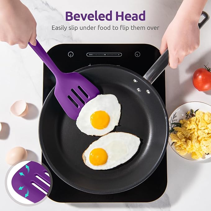 600쨘F Heat Resistant Silicone Turners: U-Taste 13.6in Long Solid & Slotted Kitchen Spatula Flipper, Large Flexible Cooking Utensil for Flipping Egg, Pancake in Nonstick Cookware(Purple, 2PCS)