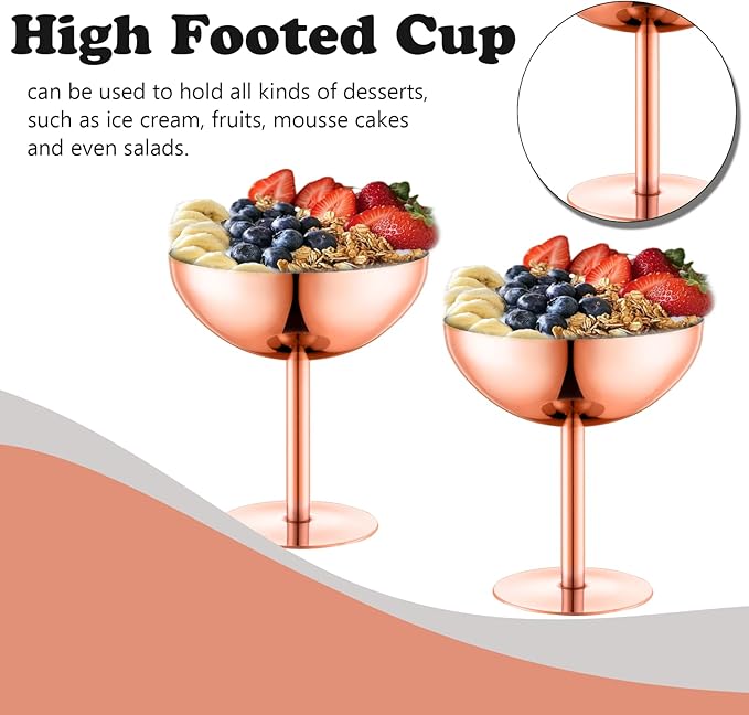 Ice Cream Bowls Stainless Steel Dessert Cups with Spoons Reusable Footed Sundae Cups Ice Cream Cups for Dessert, Frozen Yogurt, Gelato, Birthday Party Decorations (2, Rose glod)