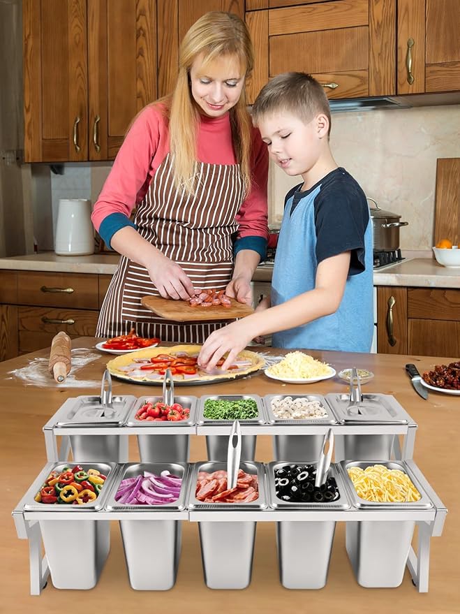 Lanstics 10 Pans Pizza Topping Station 2 Row Adjustable Pizza Storage Container Topping containers with Lids Condiment Organizers Buffet Containers Set for Restaurant Pizza Sauce Jam Fruit Ingredient
