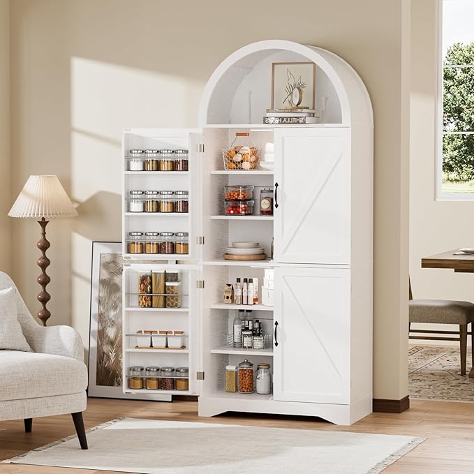 Arched Pantry Cabinet, 70" Tall Arched Cabinet with Adjustable Shelves and Induction 3 Color Lights, Kitchen Pantry Cabinets, Cupboard with Barn Doors for Kitchen or Living Room, White