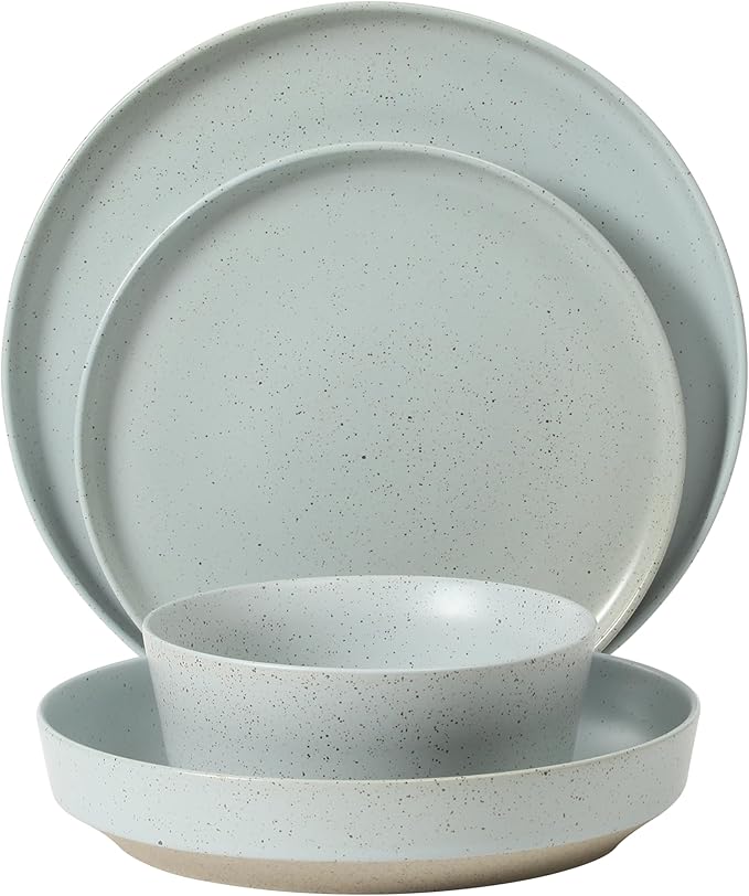Gibson Elite Overbrook 16-Piece Pottery Clay Stoneware Dinnerware Set ??Light Blue Reactive Glaze, Stackable Plates and Bowls w/Pasta Bowl, Service for 4 ??Microwave & Dishwasher Safe