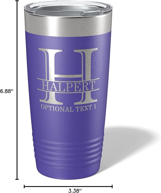 Personalized 20oz (17 Colors) Powder Coated Insulated Stainless Steel Tumbler with Lid, Custom Etched, Customized Engraved Gift Idea for Women Men Her Him, Halpert Monogram Initial Name (Purple)