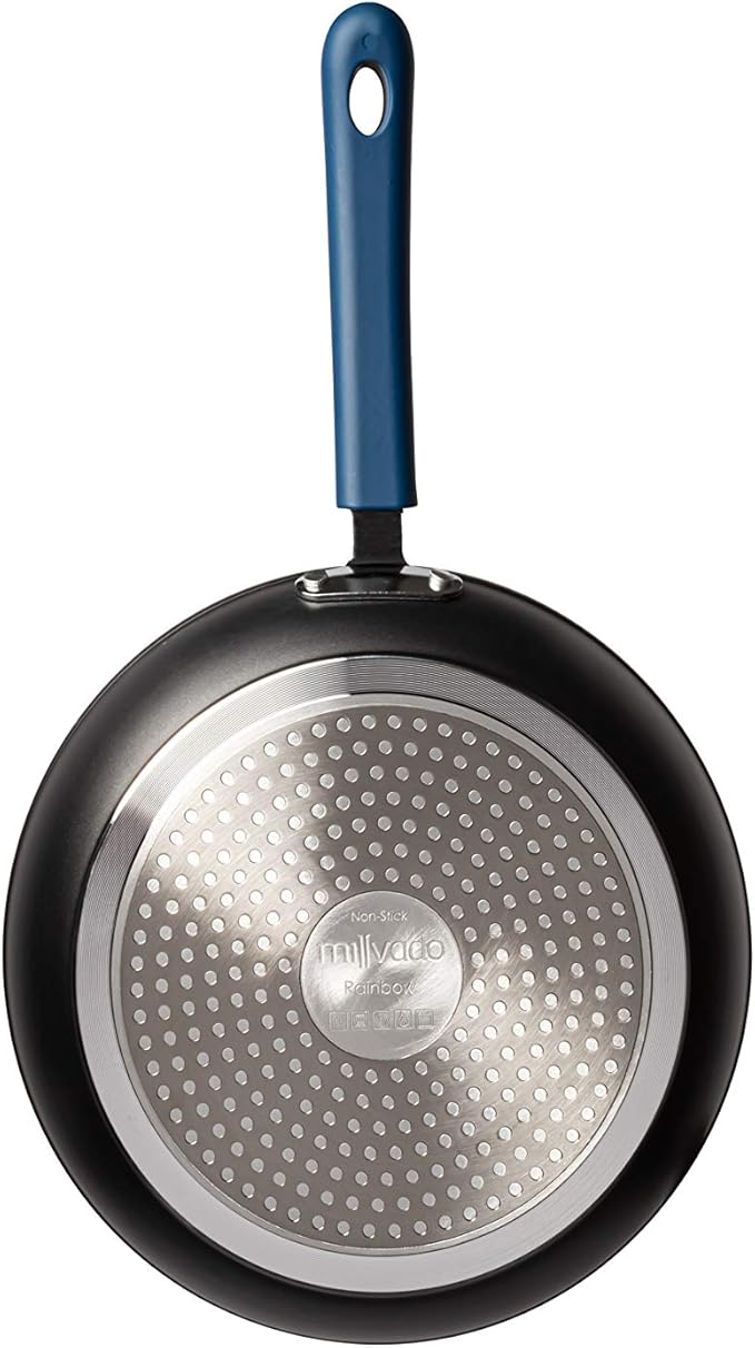 9.5" Nonstick Frying Pan: Medium Skillet With Heavy Duty Non Stick Coating - Blue Silicone Handle - Induction Compatible Frypans