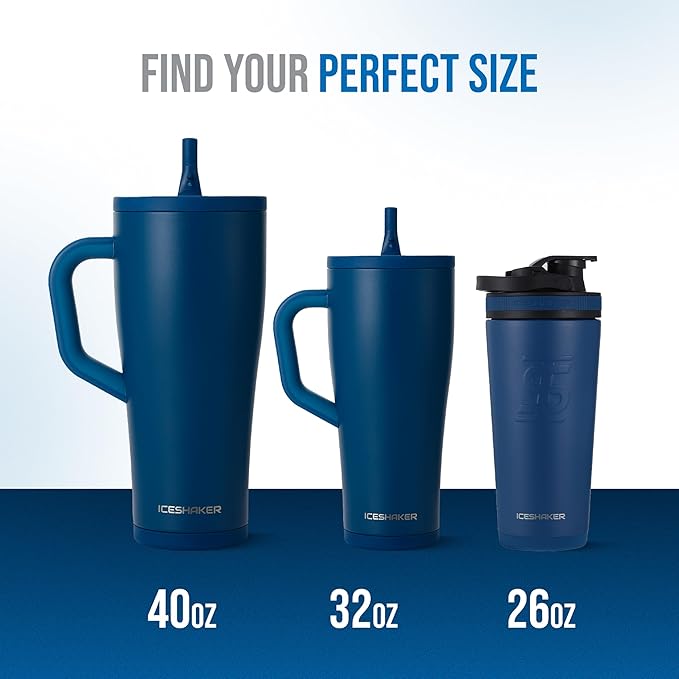 Ice Shaker 32 oz Tumbler with Handle and Straw | 32oz Navy | Cold for 30+ Hours | 2-in-1 Tumbler Shaker Bottle | Odor-Free 32 ounce Bottle for Water, Protein Shakes, Smoothies, Cocktails