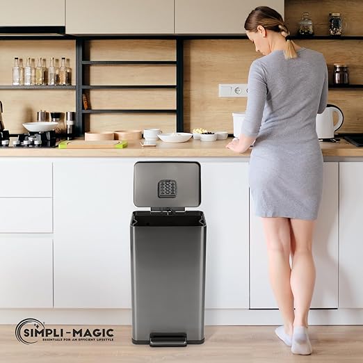 SIMPLI-Magic 13.2 Gallon (50L) Step Trash Can ??Kitchen Garbage Can with Slow-Close Lid ??Odor Control, Hands-Free, Easy to Clean, Brushed Stainless Steel