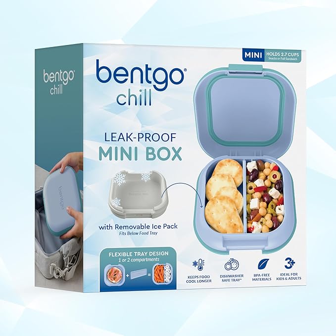 Bentgo Chill Mini Leak-Proof Lunch Box ??Built-In Ice Pack Keeps Food Cold, 2.7-Cup Capacity for Snacks or a Sandwich, 3 or 4 Compartments, PFAS & BPA-Free, Ideal for Adults & Kids 3+ (Tide Blues)