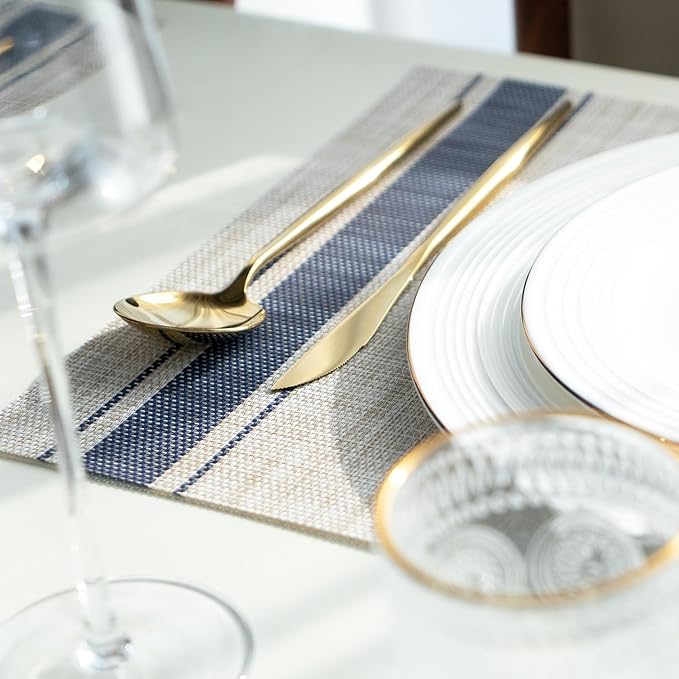 SUMYMERY Placemats Set of 6 Vinyl/Plastic Woven Place Mats for Kitchen Table Indoor/Outdoor Washable Placemat Wipeable Dining Table Mats (Khaki Blue,6)