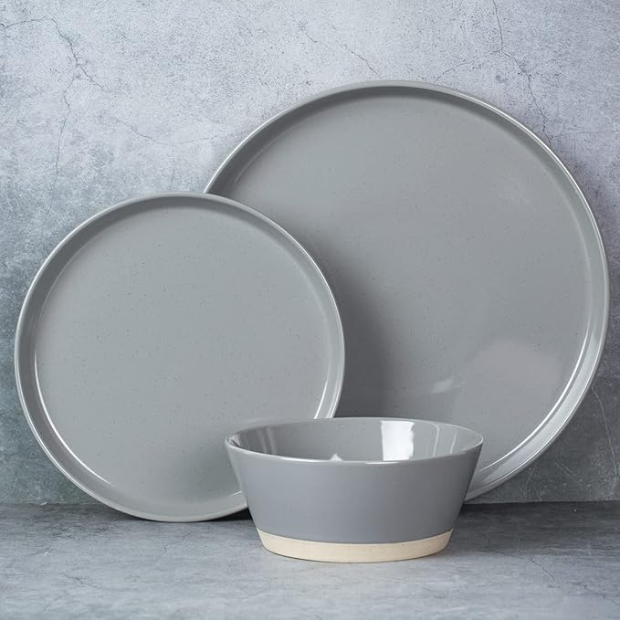 Famiware Saturn 16 Pieces Plates and Double Bowls Sets for 4, Stoneware Dinnerware Set with Pasta Bowl, Dish Set with Trim - Chip & Scratch Resistant, Microwave & Dishwasher Safe, Dark Gray