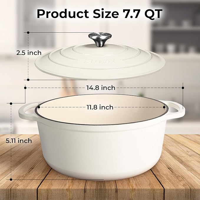 Zulay Kitchen 7.7 Quart Enameled Cast Iron Dutch Oven Pot with Lid ??Premium Durability & Oven Safe up to 500째F ??Heavy Duty Cookware Perfect for Bread Baking, Stews, Braising & Roasting ??White