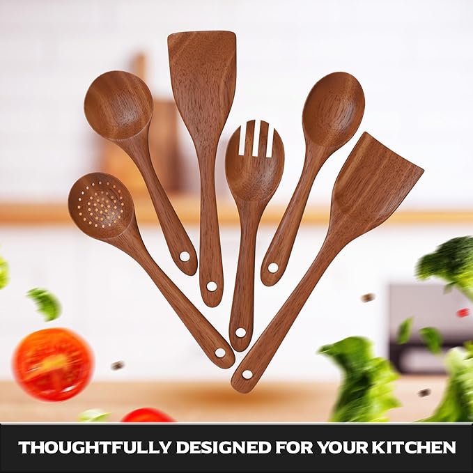 6-Piece Acacia Wood Cooking Utensil Set ??Wooden Kitchen Pan Toolset for Nonstick Cookware ??Includes Spoons & Spatulas ??Non-Scratch, Eco-Friendly Cooking Tools ??Everyday Use - Lifetime Replacements
