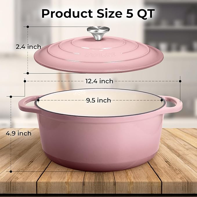 Zulay Kitchen 5 Quart Enameled Cast Iron Dutch Oven Pot with Lid ??Premium Durability & Oven Safe up to 500째F ??Heavy Duty Cookware Perfect for Bread Baking, Stews, Braising & Roasting ??Pink