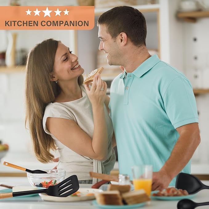 Silicone Cooking Utensils Set, Heat Resistance Large Kitchen Utensils Set with Long Wooden Handle, BPA-free Silicone Spatula, 6 Pcs Cooking Spoons for Non Stick Frying Pans and Pots(Black)