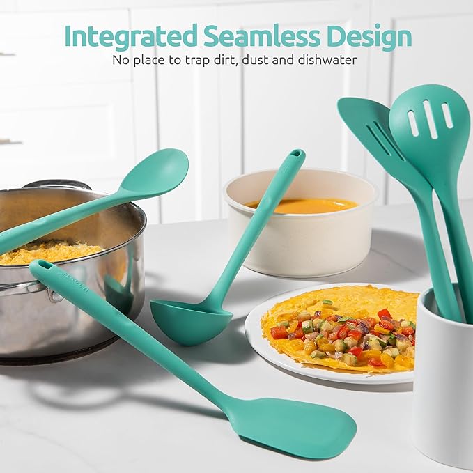 600쨘F Heat Resistant Kitchen Utensil: U-Taste 13.6" Extra Long Silicone Cooking Tools Set, Food-Grade Non-Stick Solid and Slotted Turner Spatula, Mixing Spoon, and Soup Ladle (5 Pieces, Aqua Sky)