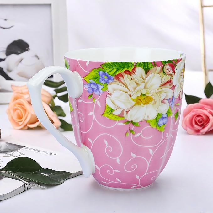 14oz Bone China Coffee Mugs for Women Floral Coffee Mug Tea Cups Novetly Coffee Cups Gift for Women Mom Friends