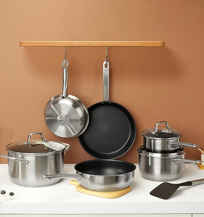 KOCH SYSTEME CS Stainless Steel Pots and Pans Set, 10 Piece Stainless Steel Cookware Set with Nonstick Coating for Professional Cooking, Kitchen Cookware Sets, Induction Compatible Pots and Pans Set