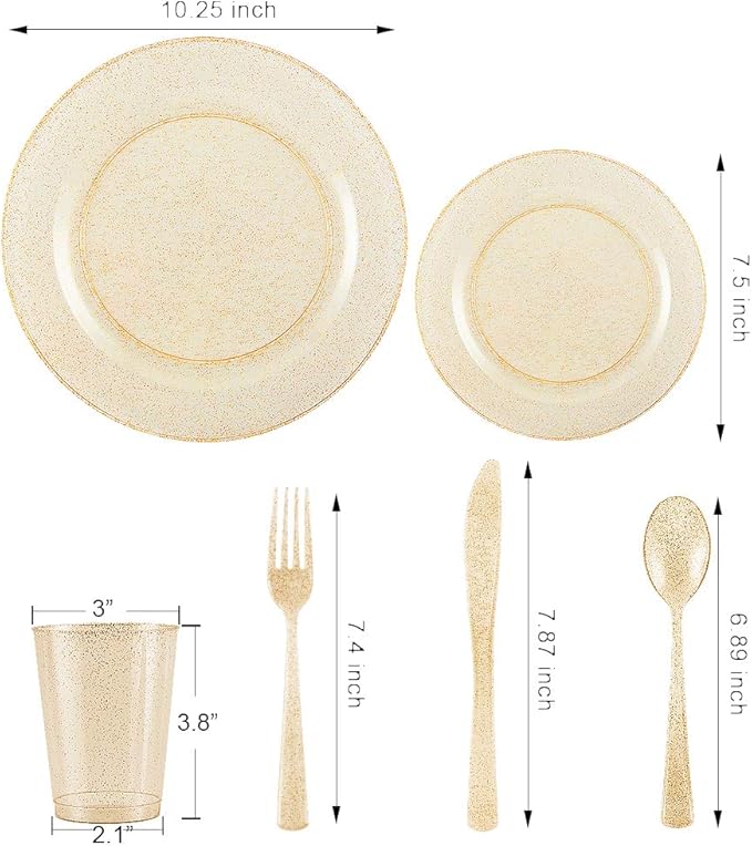 I00000 150PCS Gold Disposable Plates Silverware, Gold Glitter Dinnerware Set Include 25 Dinner Plates 10.25?쇺? 25 Dessert Plates 7.5?쇺? 25 cups 10 OZ, 25 Forks, 25 Knives, 25 Spoons for Wedding,Party