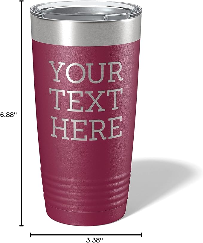 Personalized 20oz (17 Colors) Powder Coated Insulated Stainless Steel Tumbler with Lid, Custom Etched, Customized Text Message Name, Engraved Gift Idea Women Men Him Her, Your Text Here (Maroon)